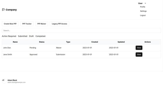 Thumbnail for prompt: Create a user interface from a wireframe for a web app landing page. Feature a header with a logo and navigation, followed by four buttons for 'Create New PfP', 'PfP Tracker', 'PfP Waiver', and 'Legacy PfP Access'. Include a search bar, and tabs for 'Action Required', 'Submitted', 'Draft', and 'Completed', with sortable tables. Add a sidebar for user account details. The design should be clean, modern, and intuitive with a brand-aligned color scheme.