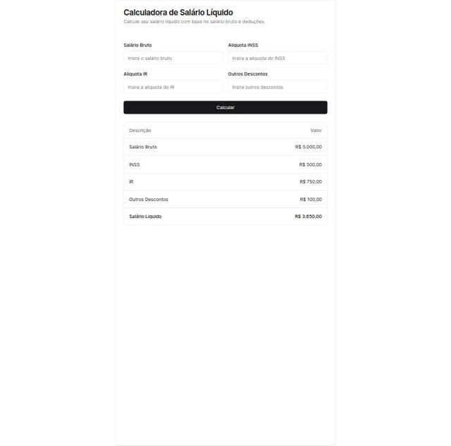 Thumbnail for prompt: criar um site para o calculo do salário liquido com deduções de INSS, IR, outras deduções e outros benefícios. Gerando o resultado em uma tabela e um gráfico para melhor visualizações