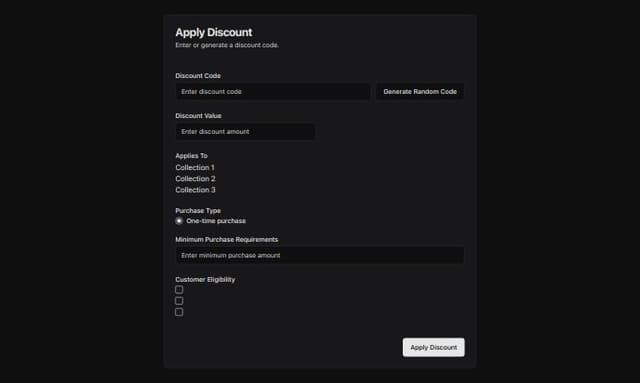 Thumbnail for prompt: Create a Discount Code Prompt

Discount Code:

Enter the discount code manually or click "Generate random code" for an automated code.
Discount Value:

Type: Percentage
Amount: 50%
Applies to:

Select "Specific collections"
Use the search bar to find and select the desired collections or click "Browse" to see the list.
Purchase Type:

Select "One-time purchase"
Minimum Purchase Requirements:

Option: Minimum purchase amount (₹)
Set the minimum purchase amount. In the example, it is ₹ 0.00.
Customer Eligibility:

Adjust settings as needed based on your specific requirements.