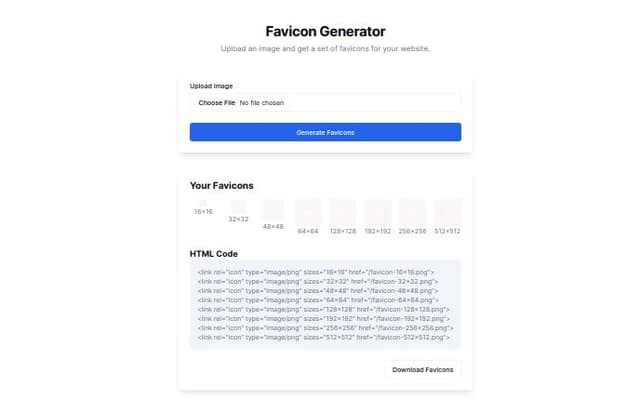 Thumbnail for prompt: generate a layout for a favicon generate that takes an uploaded image and allows the user to download the generated favicons and code