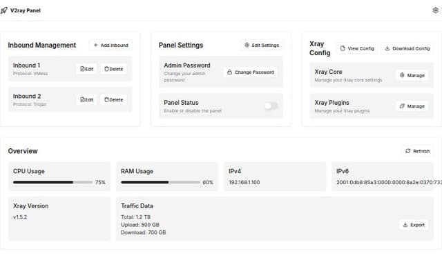 Thumbnail for prompt: V2ray Panel Management Service Ui Like X-ui and 3x-ui with inbounds and panel setting and xray configs button and overview button on the First Button with Cpu and Ram Overview and IPv4 and Ipv6 Show with Xray version beneath them and traffic data stats in the overview
