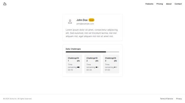 Thumbnail for prompt: Create an app page with user profile section. It contains profile pic, name, email ID.
There should be an indication of Tier (Example: Gold).
It should show 3 daily challenges to the user with a progress bar at the top.
Each challenge will have ten points and timer to finish.

