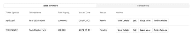 Thumbnail for prompt: Token Inventory Tab
Component: Tokens Table
Features:
Columns: Token Symbol, Token Name, Total Supply, Issued Date, Status (Active, Completed, Pending)
Actions: View Details, Edit, Issue More, Retire Tokens
Sample Data:
Token Symbol	Token Name	Total Supply	Issued Date	Status
REALEST1	Real Estate Fund	1,000,000	2024-01-01	Active
TECHFUND2	Tech Startup Fund	500,000	2024-01-15	Pending
Transactions Tab
Component: Transaction History Table
Features:
Columns: Transaction ID, Date, Token Symbol, Transaction Type (Issuance, Transfer), Amount, Participant
Filters for searching by token symbol, date range, and transaction type
Sample Data:
Transaction ID	Date	Token Symbol	Transaction Type	Amount	Participant
TXN001	2024-02-01	REALEST1	Issuance	10,000	Investor A
TXN002	2024-02-02	TECHFUND2	Transfer	5,000	Investor B
