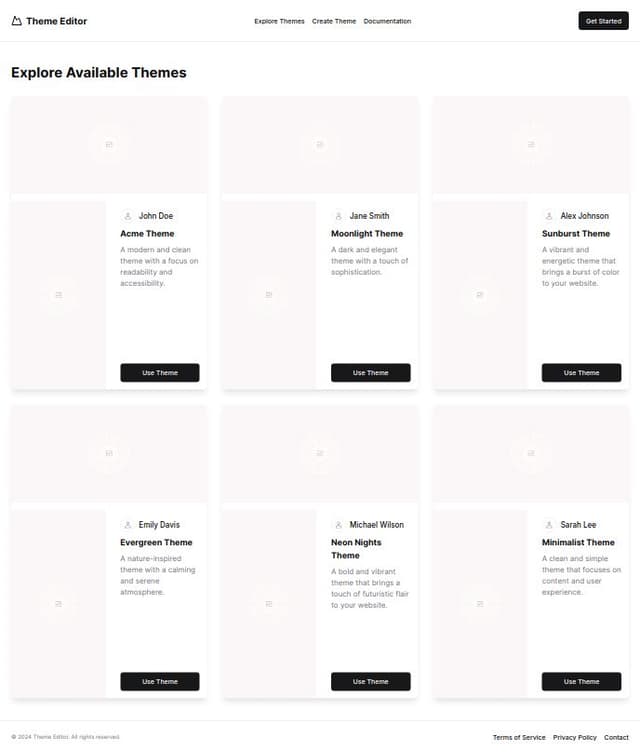 Thumbnail for prompt: a startpage for a website editor themes pages. You can see the available themes with screenshot of the page in mobile and desktop. The user can also see the author, name of theme theme and description of the theme. It should also show that the user can click to use it.