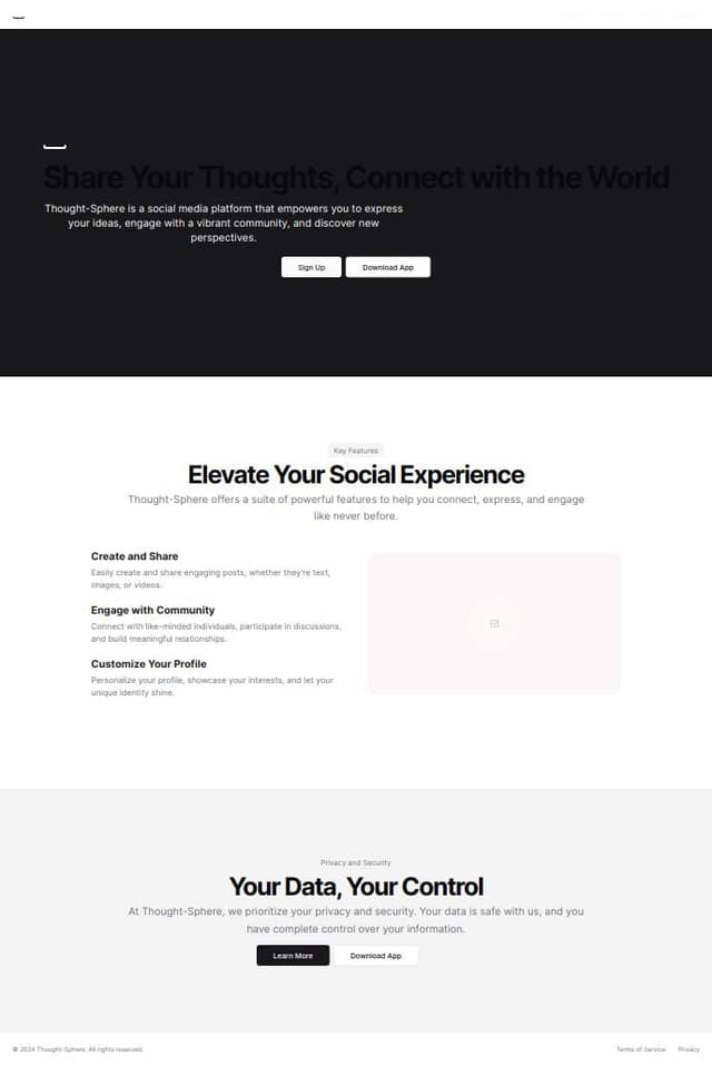 Thumbnail for prompt: give me a landing page for thought-Sphere which is a social media post platform the theme should be dark