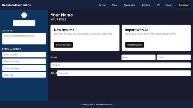 Thumbnail for prompt: Generate a page like this one：https://www.resumemaker.online/editor