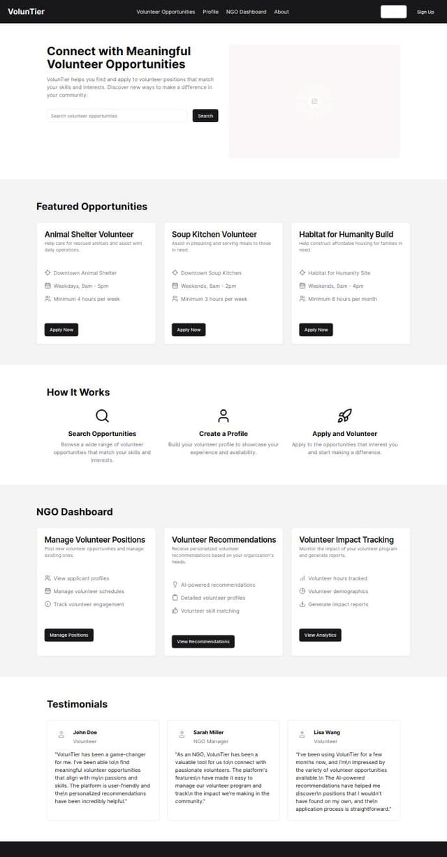 Thumbnail for prompt: a web application 'VolunTier' which connects volunteers to ngos with ai integration