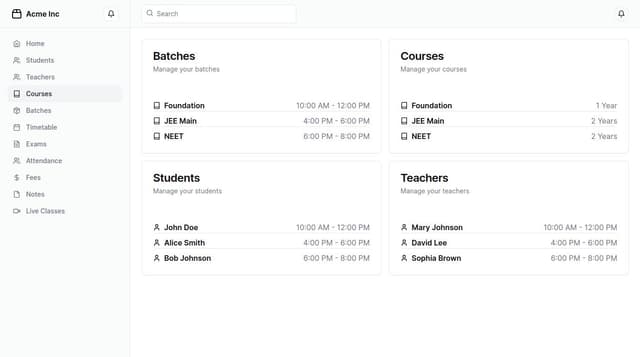 Thumbnail for prompt: I am creating A tution managemnt software , where tution owners can do the following things. 1- Create batches , 2- Create coursers, 3-Enroll students, 4-Collect fees, 5- Share notes, 6- take live classes, 7- take exams, 8- take attendence,8 -Profit and loss dashboard, 9- Schedule batches/create timetable ,10 - Send reminders and notifications to the students about late fees/ classes etc., 11- Teachers enrollment , 12 - Teachers salary and attendence tracking. 13-Check the fees defaulter status of students and score/progress of enrolled students.etc(any other fetures that you may think of for a tution management software targeted for tution owners.Create ui/ux componetns -- Create a dashboard that the coaching owener will see when signing up for the first time