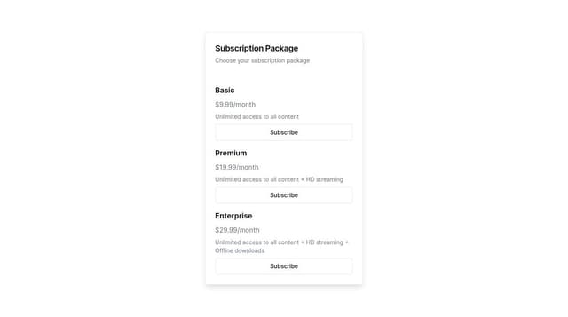 Thumbnail for prompt: A UI design for a Subscription Package in React Native component