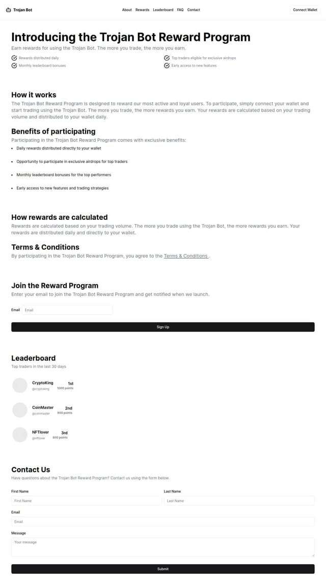 Thumbnail for prompt: create a reward program site for a telegram solana trading bot call trojan bot