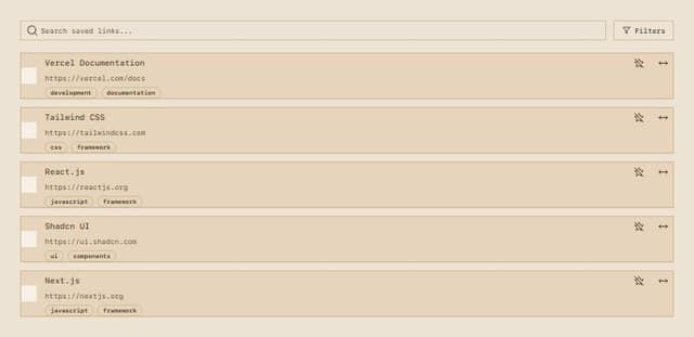 Thumbnail for prompt: a read later dashboard page
show all saved links( title url favicon ),and fav status , tag list ,and modify/ delete buttons, search input area at the top, and complex filters area to filter link's title