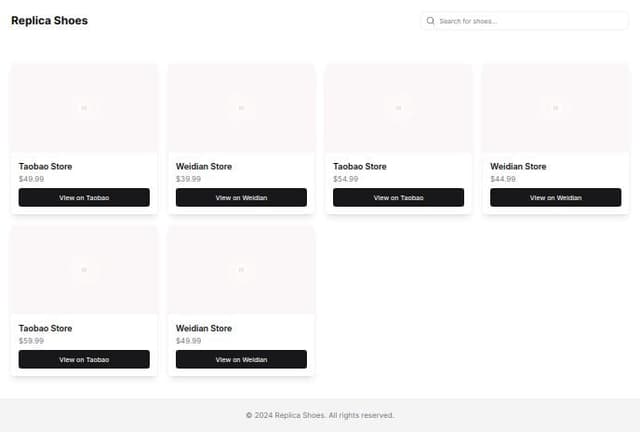 Thumbnail for prompt: replicas shoes find site landing page taobao weidian links to item with price and button to link 