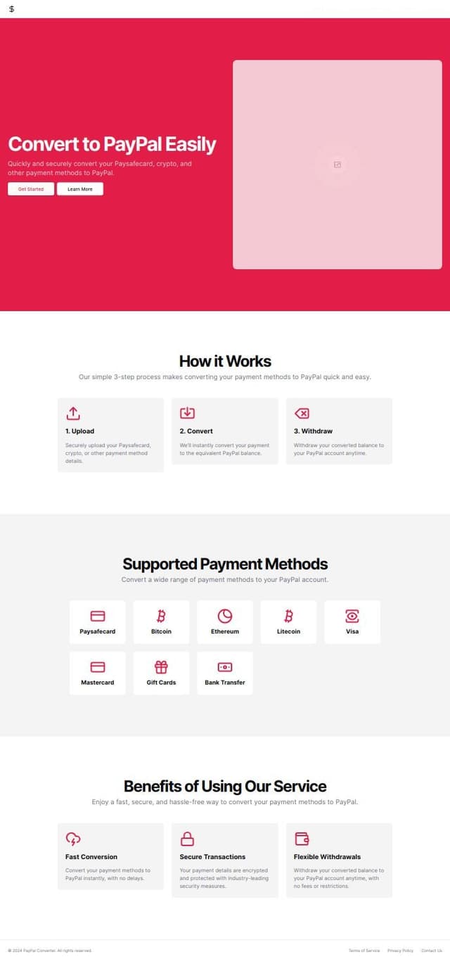 Thumbnail for prompt: 
creates a home page for a Paysafecard to paypal and crypto to paypal site