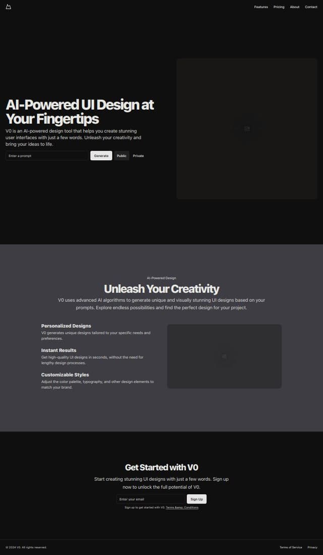 Thumbnail for prompt: create a landing page for a ia ui design creator by simple text prompts and imagems, a input in the page with a image button, a public/private button and a palette selector, the name of the product is V0