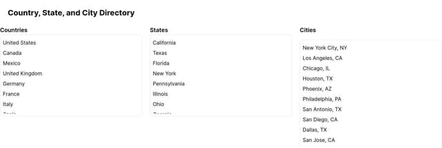 Thumbnail for prompt: make the page to full width, show country,state and city in parallell to each other. (side by side)