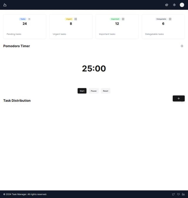 Thumbnail for prompt: Navigation Bar (NavBar)
- Top of the page
- Elems:
  - Logo: Left side
  - Menu Items: Right side, "Dashboard," "Tasks," "Pomodoro," "Analytics"
  - Icons: User profile, notifications, settings

Task Overview
- Container: Card
- Elems:
  - Title: "Task Overview"
  - Task Categories: Urgent, Important, Delegatable, Not Urgent
- Layout: Grid or Flexbox

Pomodoro Timer
- Container: Card
- Elems:
  - Title: "Pomodoro Timer"
  - Timer Display: Large, central, countdown (25:00)
  - Buttons: Start, Pause, Reset
- Icons: Optional

Task Distribution Chart
- Container: Card
- Elems:
  - Title: "Task Distribution"
  - Chart: Bar chart, tasks distribution over time
- Chart Details:
  - Axes: X: Time, Y: Number of Tasks
  - Bars: Different colors for each task category

Add Task Button
- Position: Bottom right corner
- Element: Icon button with "+"
- Action: Opens a modal for adding a new task