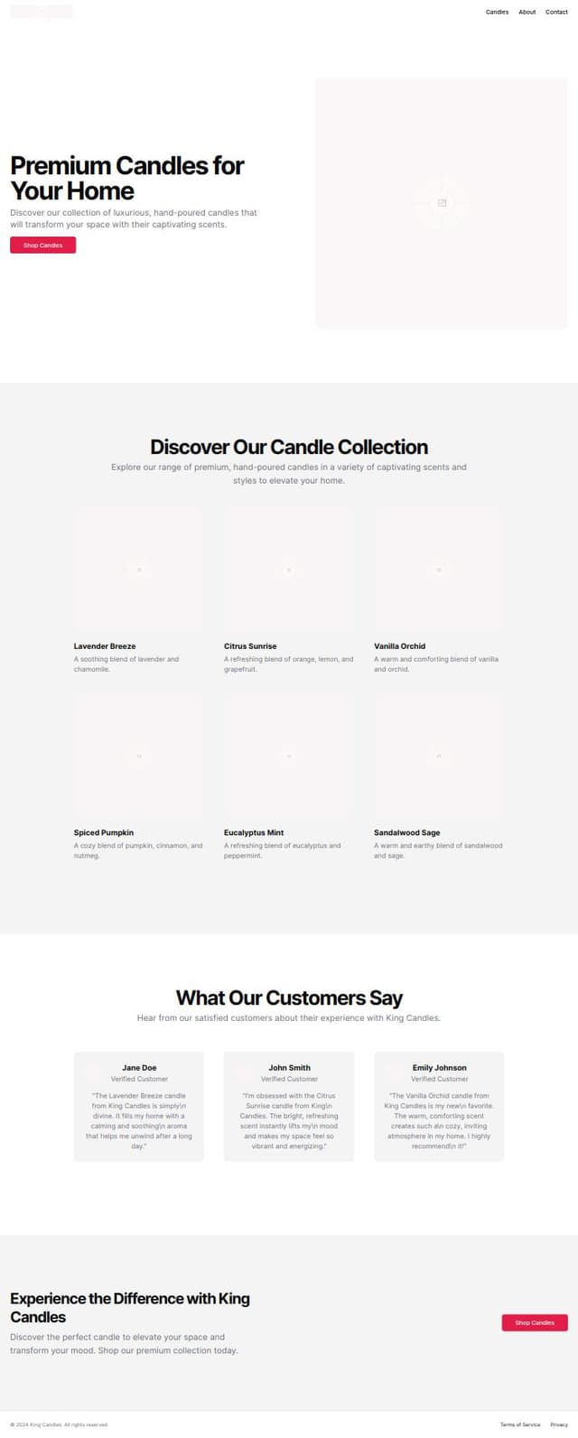 Thumbnail for prompt: Develop a landing page for king candles