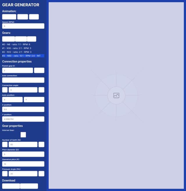 Thumbnail for prompt: create customizable gear generator website

user can start/stop animation of customized gear by pressing the button
user can set gear properties:
Number of teeth (N)
Pitch diameter (D)
Diametral pitch (P)
Pressure Angle (PA)

user can download customized gear it in svg or dxf format

