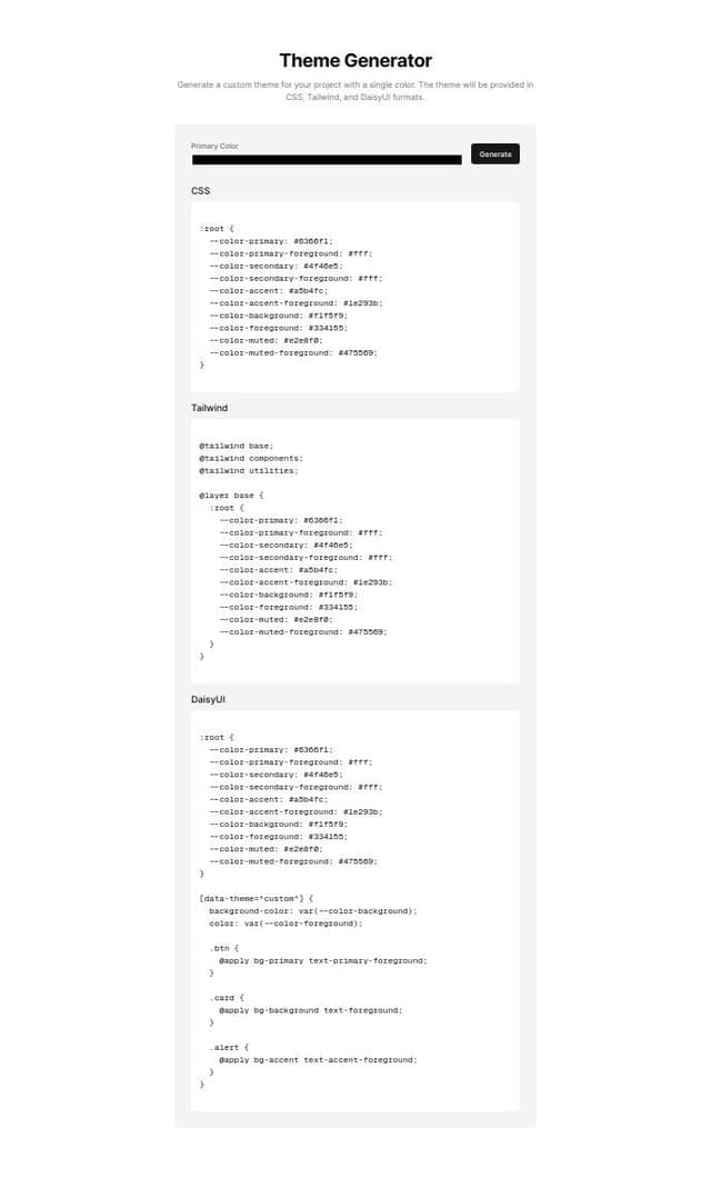 Thumbnail for prompt: A page to generater a theme component, you can choose between css, tailwind and daisyui. Typing a color and having a button to generate the code