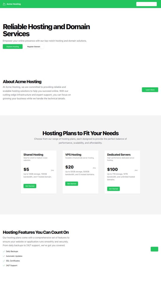 Thumbnail for prompt: “I want to create a website for a business focused on hosting and domain services with a menu of 6 items: home, about us, hosting and domain, payment, development, contact. Once the menu is created, there will be a main banner followed by a text wrapped in an H1 tag about the business, followed by a section about us and why you should choose us. Then, a section of plans showing the hosting plans for sale, another section to provide information on what the services include, continuing with a section of web development services and ending with the payment section and finally the contact section.”
color main green