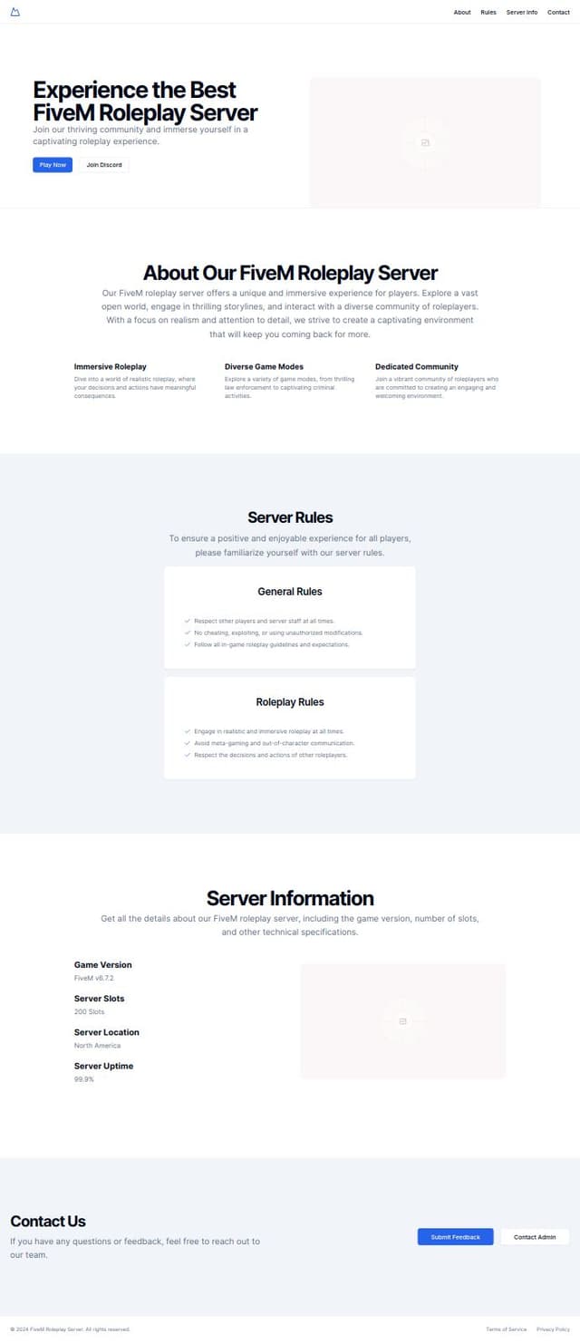 Thumbnail for prompt: Create a fivem roleplay server website wtih play button and join discord button and few other stuff only using html, css and js