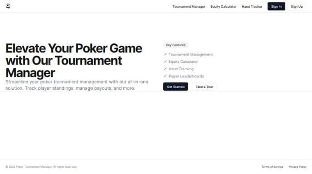 Thumbnail for prompt: A home page for a poker tournament manager app, it needs links to the tournament manager, equity calculator and hand tracker. Include a sign in and sign up button too