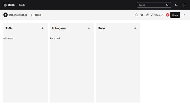 Thumbnail for prompt: Top of the screen (left to right): Trello logo (grid icon), "Trello" text, "Workspaces" dropdown, "Recent" dropdown, "Starred" dropdown, "Templates" dropdown, "Create" button, Search bar (right-aligned), Bell icon, Information icon, User avatar (circular)

Second row (left to right): "T" icon in pink square, "Trello workspace" text, Left arrow, "Tasks" (board title), Lock icon, "Board" dropdown, Star icon (outline), Bolt icon, "Filters" text
User avatar, Red circle with "5" (notifications), "P" in circle, "Share" button
Three dots (more options)

Left sidebar: "Your boards" header, "Board Name"

Main content area (three columns):

"To do" card, "In Progress" card, and completed card. Each card has left aligned text and three dots on the top right to make edits. The final option is a small rectangle option that says "Add a card" button with plus icon

Right side:
"+ Add another list" button