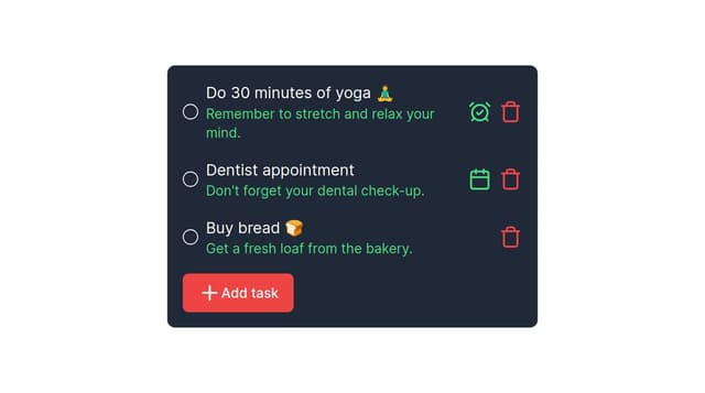 Thumbnail for prompt: Wow instead of time and emogies 

It should show description of todo 

and also there should be icon of delete on every todo