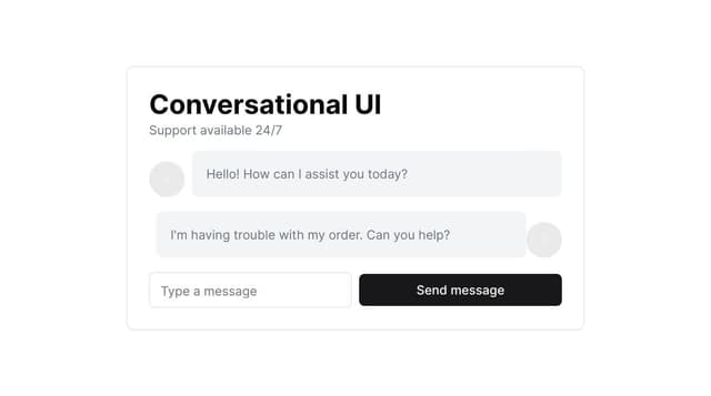 Thumbnail for prompt: Provide a modern conversational UI chat component with input field, send message, user message, response message and add copy button to response message. Here are some of the other key points:
Ensure that the chat interface supports real-time messaging with minimal latency, providing instant feedback to user inputs.
he ability to handle various message formats, including text, images, links, and potentially rich media or interactive element
e chat UI should be fully responsive and adapt to different screen sizes and device types, providing a consistent experience across platforms
 Compliance with accessibility standards is crucial to make the chat UI usable for all users, including those with disabilities.