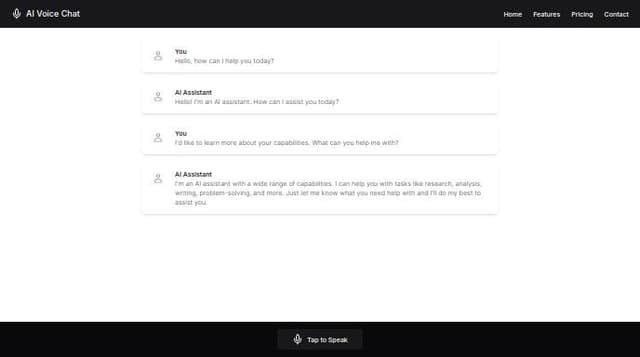 Thumbnail for prompt: Design a unique AI Voice chat UI. in which include component like. Navbar, Transcript (What user speak), "Tap to Speak" button, and AI answer. AI will speak what it generate.
Make sure UI should material type and smooth.