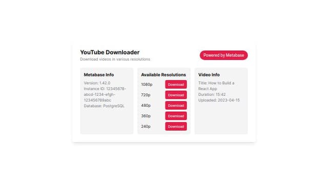 Thumbnail for prompt: A YouTube Downloder page with Metabase information and List of youtube video resolutions with download button on each item.