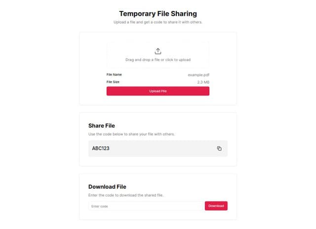 Thumbnail for prompt: A temporary file sharing website where user upload file and get code And than insert code to get file