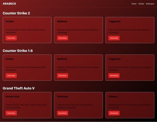 Thumbnail for prompt: haz una pagina, con descargas, con tres secciones
COUNTER STRIKE 2
COUNTER STRIKE 1.6
GRAND THEFT AUTO V 
con una discripsion y un coso de download pls, y arriba un titulo de pagina q diga ARABECS y mas a la derecha, home, cheats, y softwares, pls sus colores principales serian rojo y negro, debe tener light radius, y algunos efectos blur
cada seccion debe tener 3 tarjetas, con cada cheat con estilo moderno.
la pagina en general debee tener estilo minimalista y profesioanl, dando la ilusion de anos de desarrollo