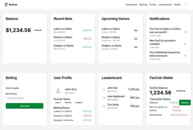 Thumbnail for prompt: **Project Title:** FanBet247

**Overview:** FanBet247 is a peer-to-peer sports betting platform using FanCoin. 

**Key Components:**
- **Dashboard:** User balance, recent bets, upcoming games, notifications.
- **Betting:** Select game, choose bet amount, confirm wager, matchmaking, track bet outcomes.
- **Profile:** Favorite teams, betting history, personal stats.
- **Leaderboards:** Rankings, points, seasonal progression.
- **FanCoin Wallet:** Balance, transaction history.
- **Manual Deposits:** Admin bank details, deposit form, confirmation.