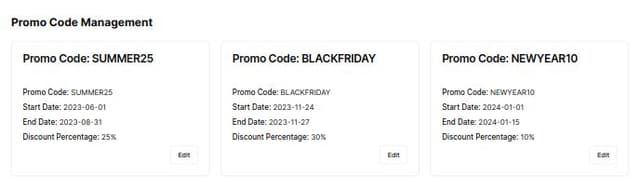 Thumbnail for prompt: admin page for promocodes with info promocodes card and can edit info
promocode has value, dateStart, dateEnd, discount value and more need fields
admin can edit 