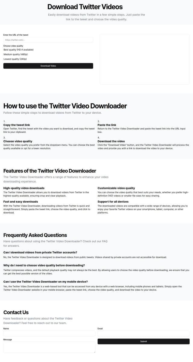 Thumbnail for prompt: A landing page for a video downloader landing page for twitter.com

- header with logo menu and language selection
- a h1 heading
- search box for url paste
- video qualtity
-download button

- a simple seo article
- how to use section
- top features and faq section
-footer