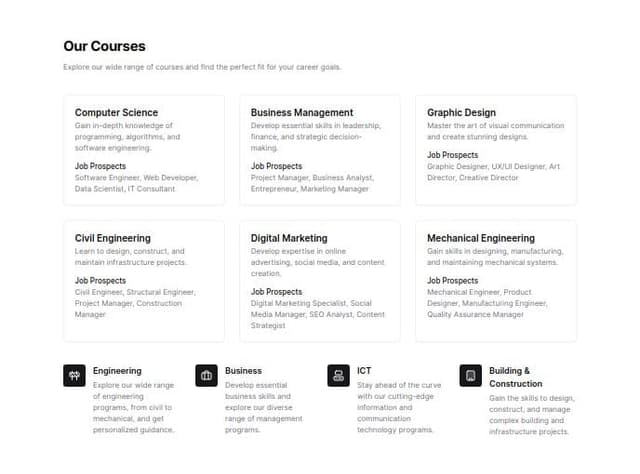 Thumbnail for prompt: Courses page design which contains a an array of coures each course has intro, specializaton and job prospects another 4 departmetns which containsa bulding and consutcation with its content, engineering department, business department, ict department