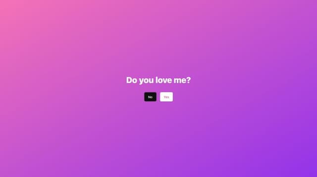 Thumbnail for prompt: create a html css js code for my Girlfriend prank where I ask my Girlfriend Do you love me with button Yes and No but when she move to No its move or toggle all over the screen like it's don't like to click but when she want to click Yes all screen will snow fall with lovely, heart , kiss emotes, after click a new question appear with replace previous that will you marry me do the same with this with colorful gradient lovely background and lovely song with animation. After clicking yes a image of proposing groom pic shows with will you marry see question