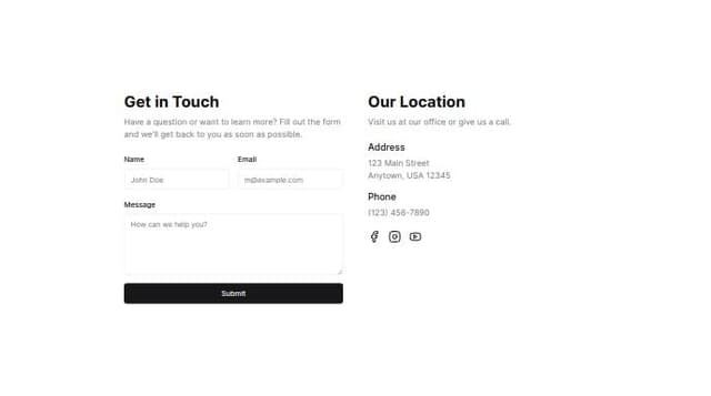 Thumbnail for prompt: make modern  creative Contact Us page...
Contact Form:
A simple form with fields like name, email, message, and a submit button.
Club Location:
Contact details including the club's office location and phone number.
Social Media Links:
Icons linking to the club's Facebook, Instagram, and YouTube pages.