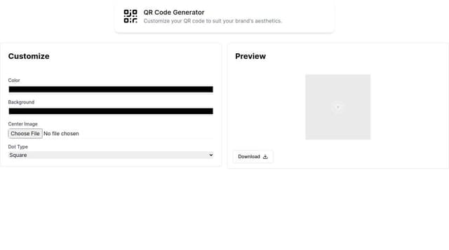 Thumbnail for prompt: a qr code generator with option to customize color, background, image in the center and dots type. It needs to have a preview and a download button