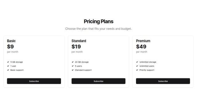 Thumbnail for prompt: Create a pricing page with three plan options in card format. Each card should include the plan name, price, and a list of benefits. The three plans are Basic, Standard, and Premium. Each card should have a button to subscribe.
