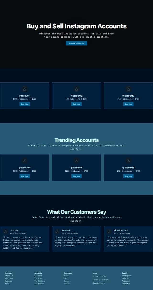Thumbnail for prompt: Create a home page for an instagram account buying and selling website (using shadcn ui)