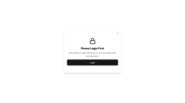 Thumbnail for prompt: give me a modal that says, please login first to procceed payment with icon and button