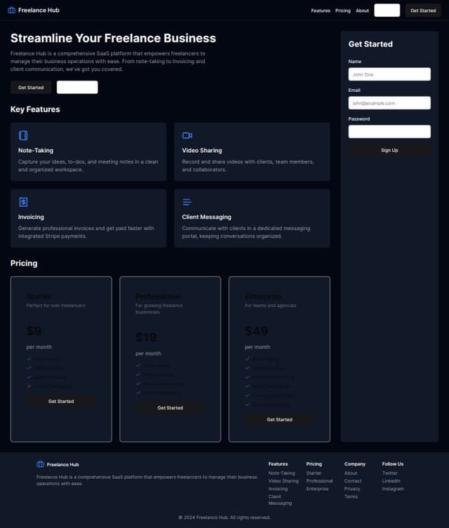 Thumbnail for prompt: A saas for freelancing platform like notion but can note take, record videos like loom, send invoices like stripe and have a client messaging portal like slack. Add stock images and make the background in blue and black