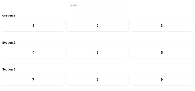 Thumbnail for prompt: build me an universal search tool with a searchbar at the top followed by 3 sections with search results