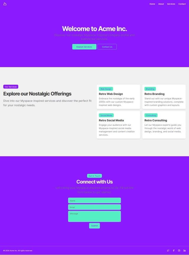 Thumbnail for prompt: create landing page for company profile looks like myspace early stage