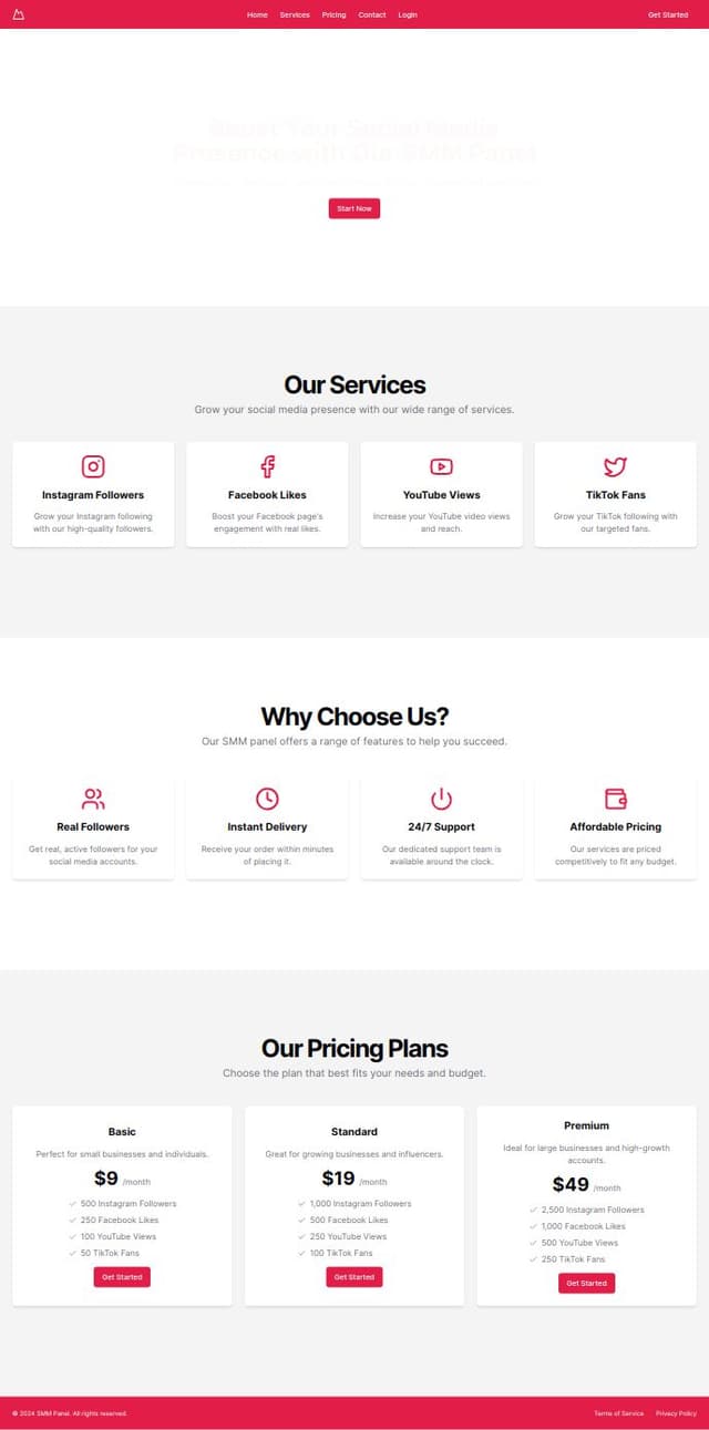Thumbnail for prompt: 4. **Features Section**:
    - Headline: "Why Choose Us?".
    - A list of features with icons, such as: "Real Followers", "24/7 Support", "Instant Delivery", "Affordable Prices".

5. **Pricing Section**:
    - Headline: "Our Pricing Plans".
    - A table or card layout showing different pricing plans (e.g., Basic, Standard, Premium) with features and prices.