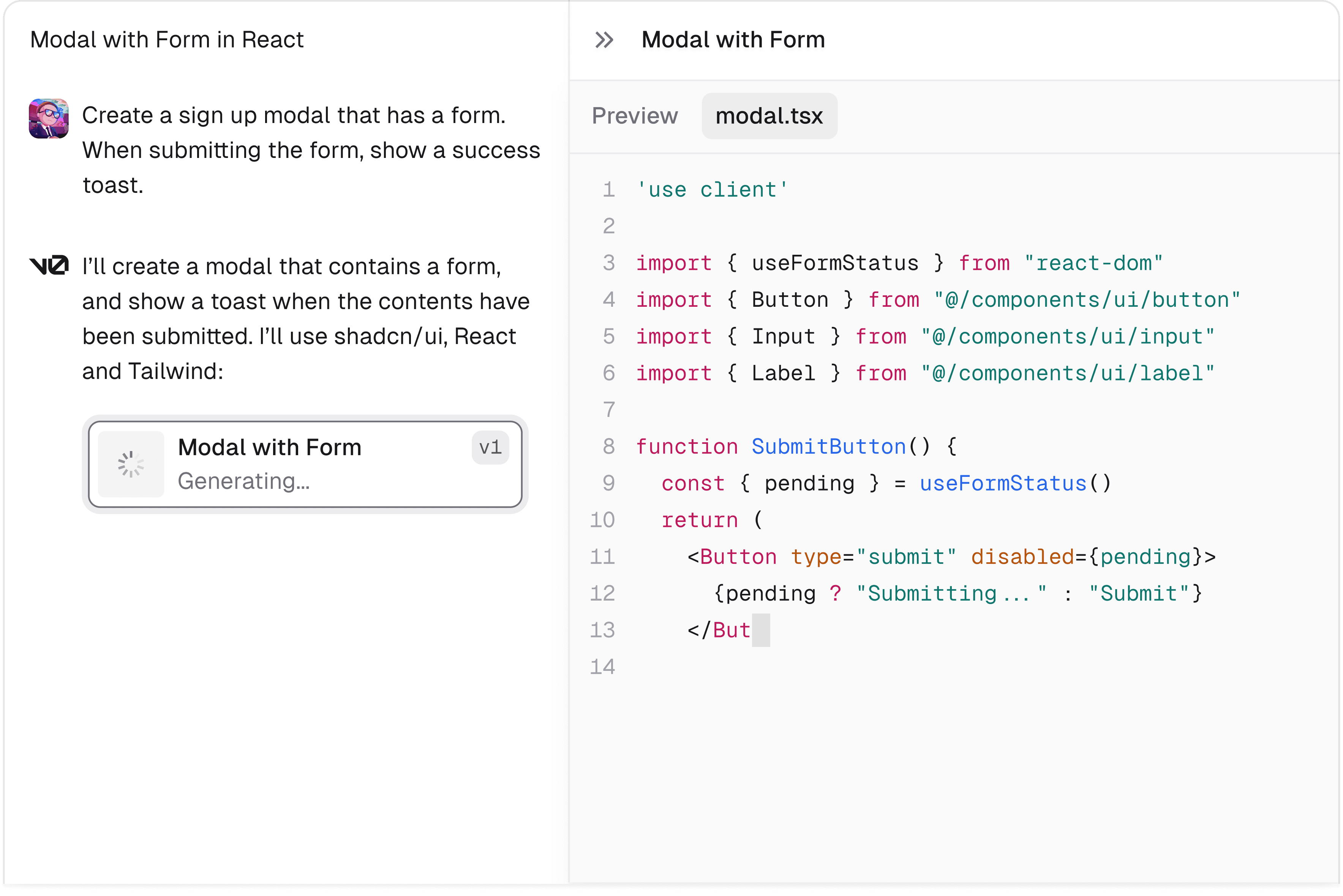 v0 interface showing AI-powered code generation tools and development workspace
