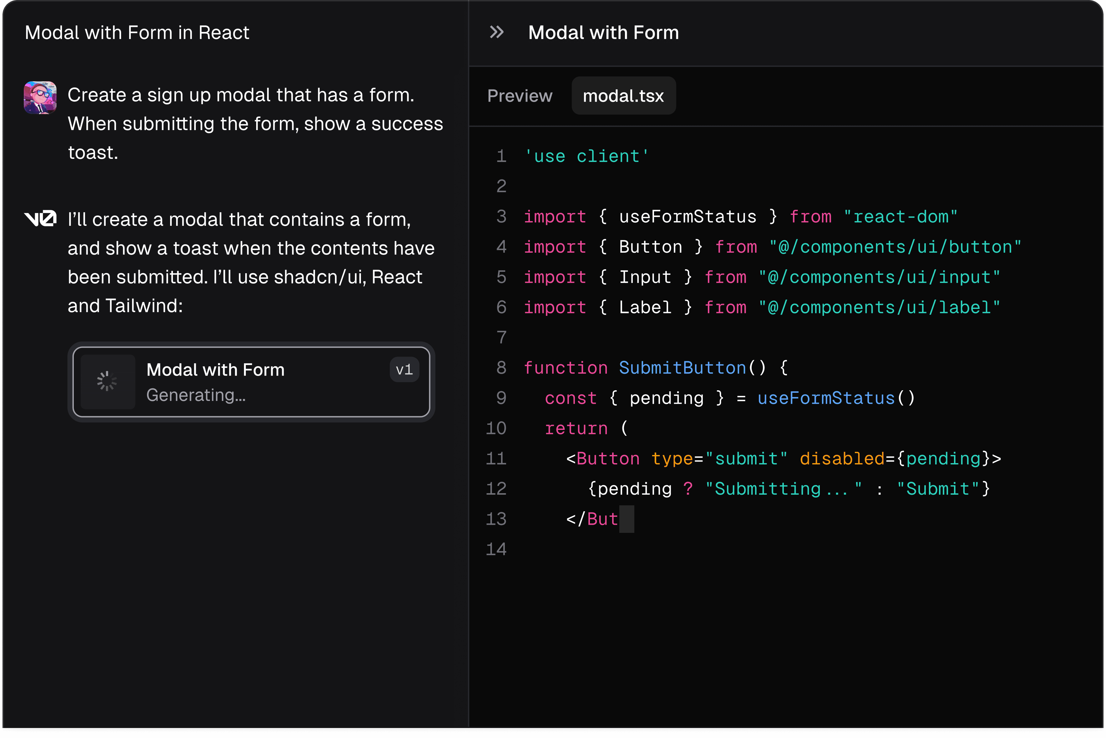 v0 interface showing AI-powered code generation tools and development workspace
