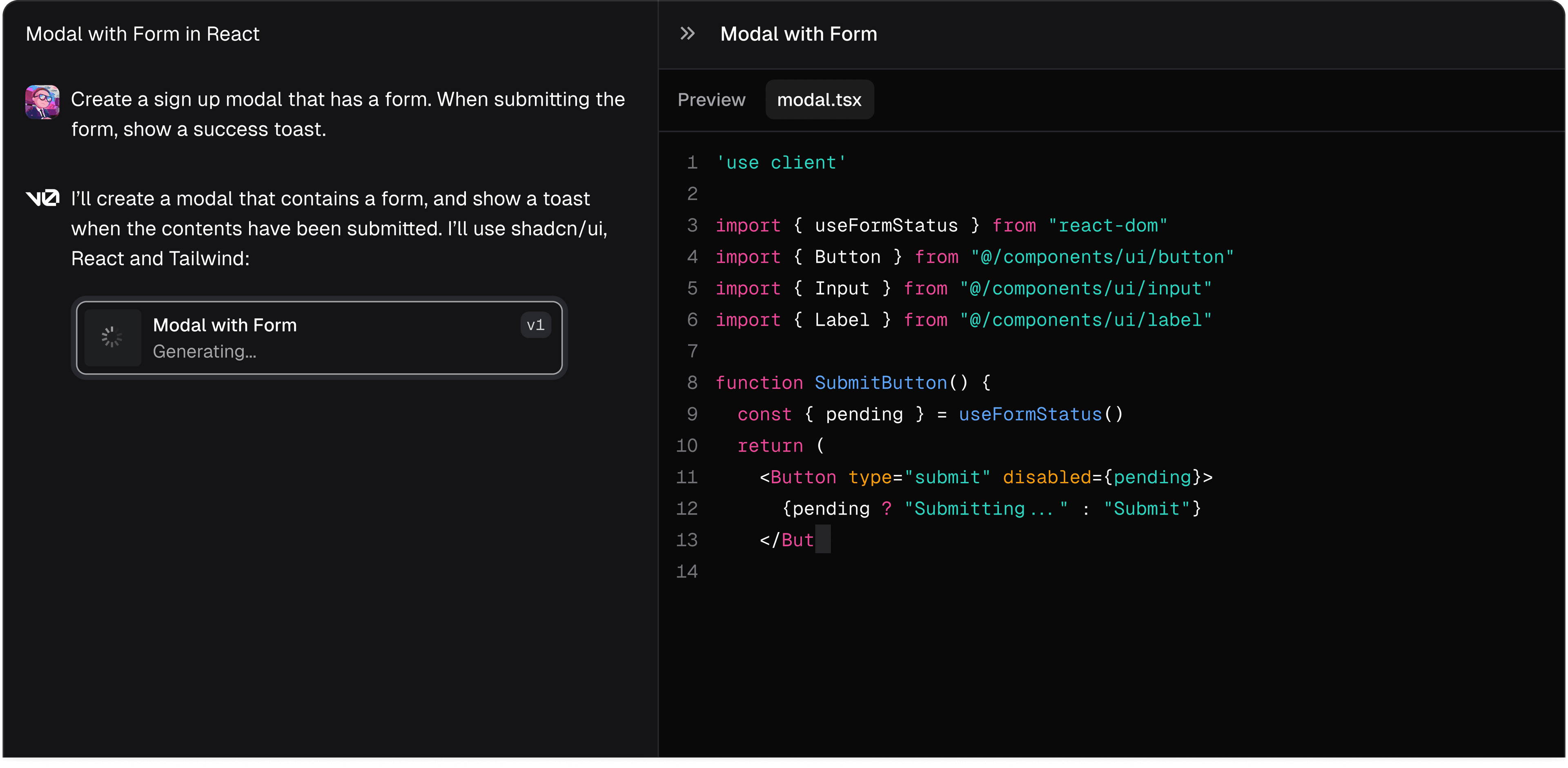 v0 interface showing AI-powered code generation tools and development workspace
